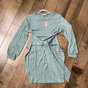 Sage Green Long Sleeve Dress with Waist Tie